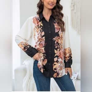 Anthropologie Button Down Relaxed Top Womens L Colorblock Baroque Floral Blouse